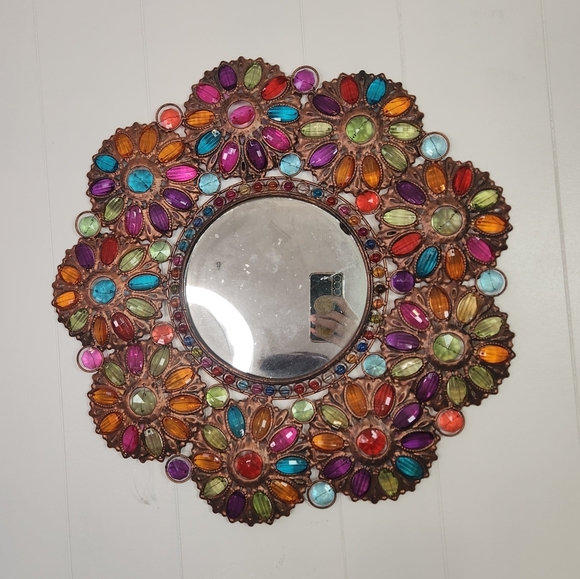 Pier 1 Boho Jewels Floral Beaded Beads Metal Frame Mirror Vintage 90s Bronze - Picture 1 of 7